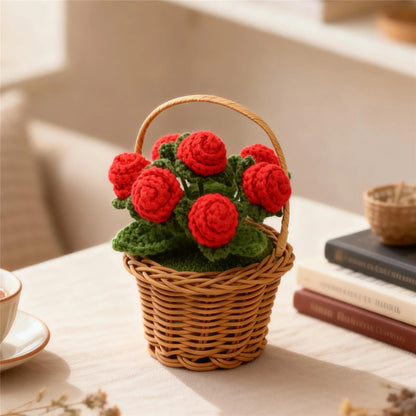 Handmade Crochet Assorted Flower Basket Potted Ornaments, Everlasting Soft Yarn Crochet Blooms With Woven Carry Basket, Indoor Home Tabletop
