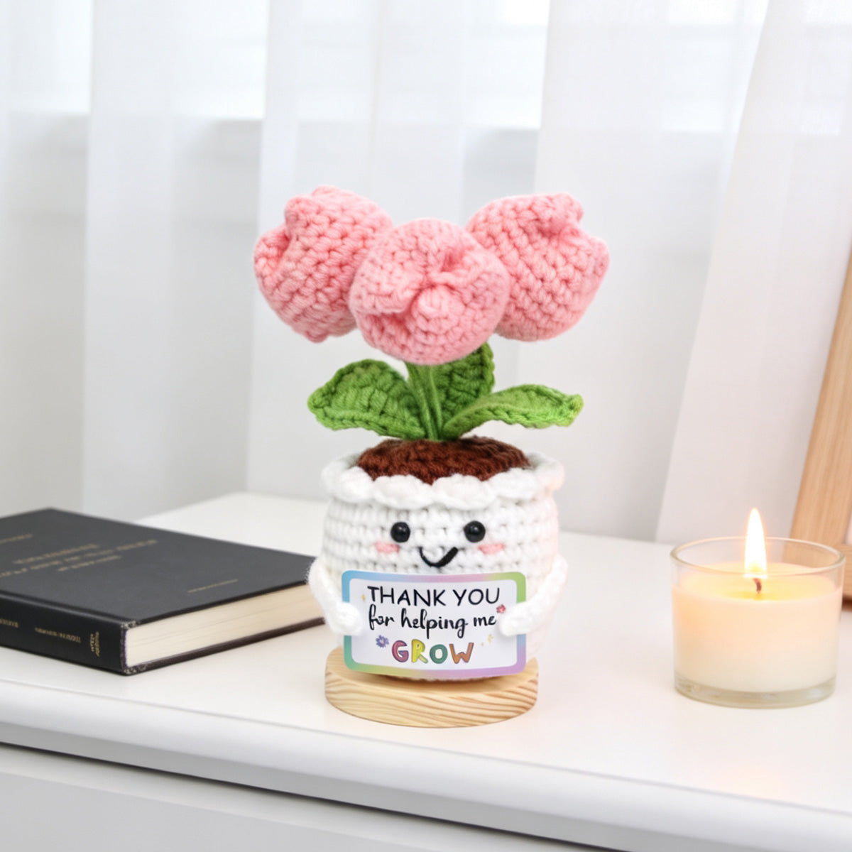 Handmade Crochet Tulip Pot Ornament With White Crocheted Container Soft Yarn Everlasting Crochet Blooms With Thankful Message Card Indoor Home
