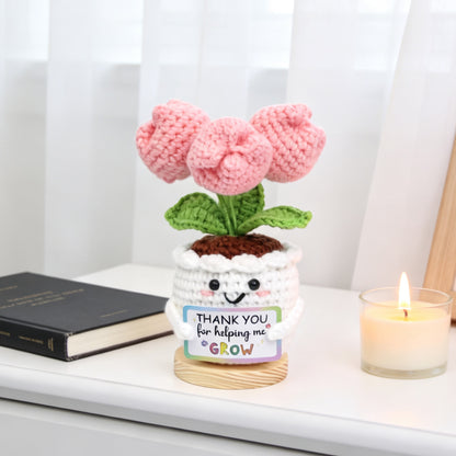Handmade Crochet Tulip Pot Ornament With White Crocheted Container Soft Yarn Everlasting Crochet Blooms With Thankful Message Card Indoor Home