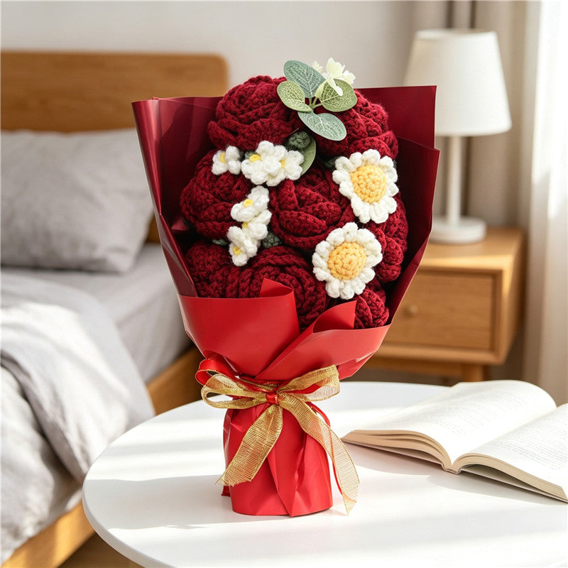 Handmade Crochet Flower Bouquet, Burgundy Roses Paired With Crochet