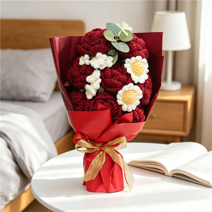 Handmade Crochet Flower Bouquet, Burgundy Roses Paired With Crochet