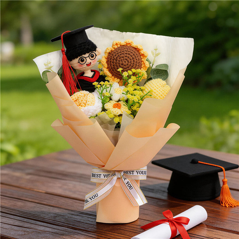Handmade Crocheted Flower Bouquet, Graduate Figurine Paired With