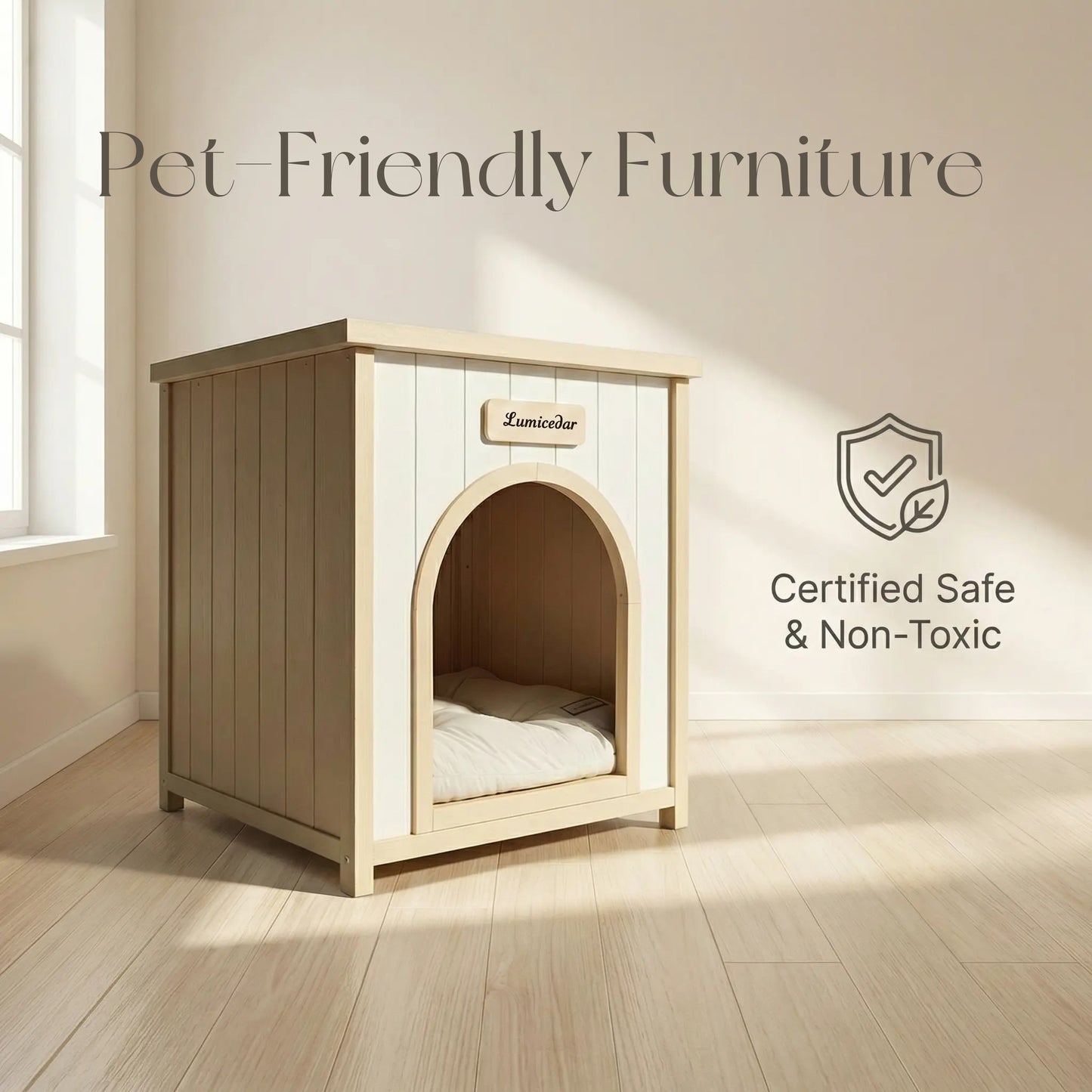 Modern Indoor Wooden Dog House with Removable Cushion – Solid Cedar
