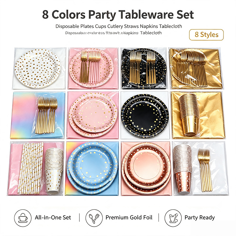 Pet Supplies - Disposable Gold Dot Party Tableware Set, Paper Plates