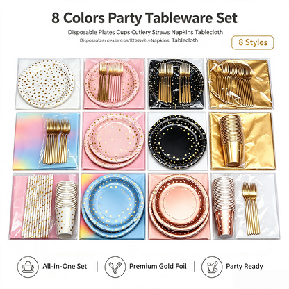 Pet Supplies - Disposable Gold Dot Party Tableware Set, Paper Plates