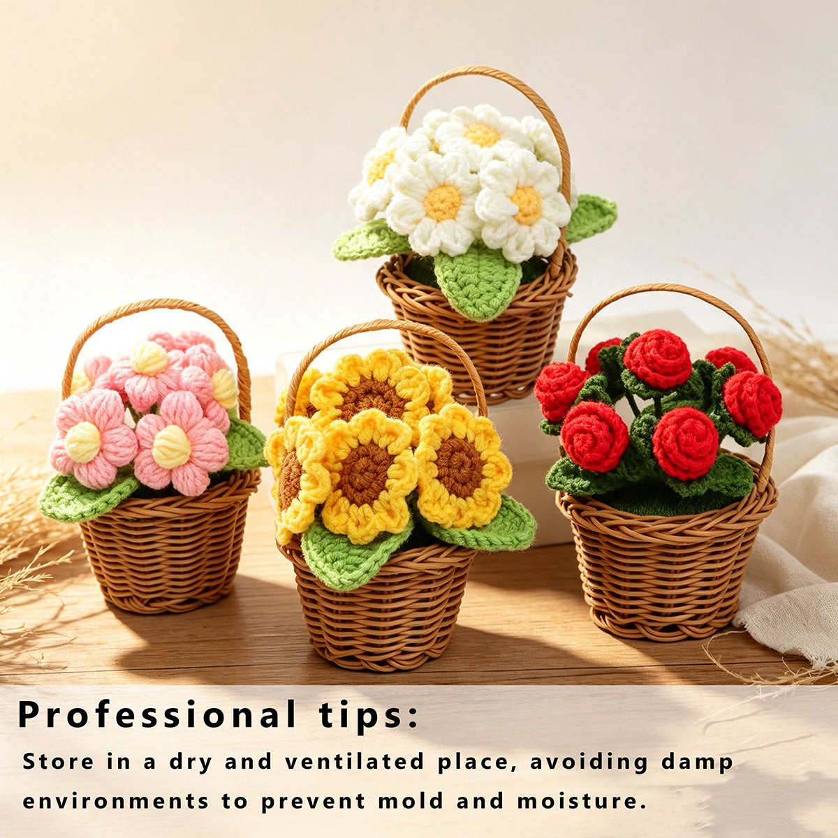 Handmade Crochet Assorted Flower Basket Potted Ornaments, Everlasting Soft Yarn Crochet Blooms With Woven Carry Basket, Indoor Home Tabletop