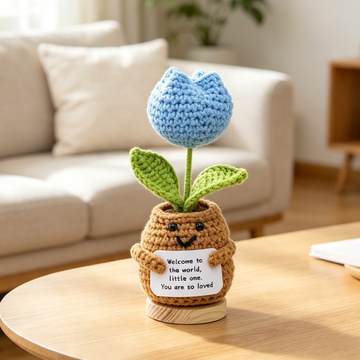 Handmade Crochet Tulip Shaped Potted Flower Ornament, Everlasting Soft Yarn Crochet Bloom With Warm Wish Note, Indoor Home Tabletop Decorative