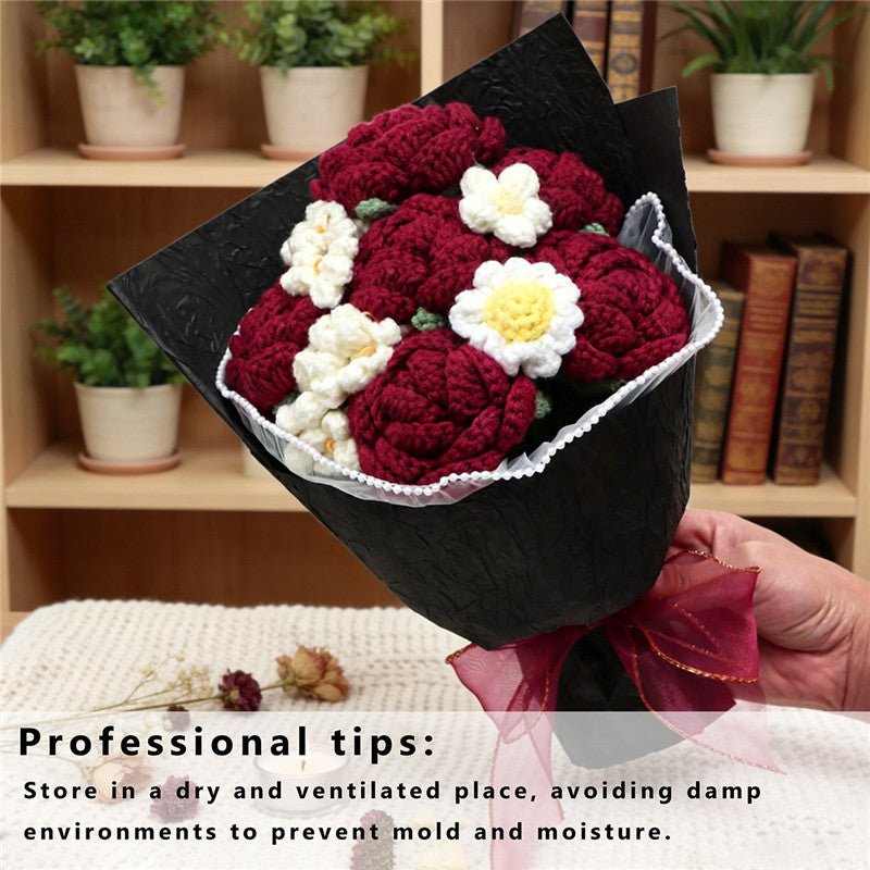 Handmade Crochet Bouquet, Burgundy Roses & White Daisies Everlasting