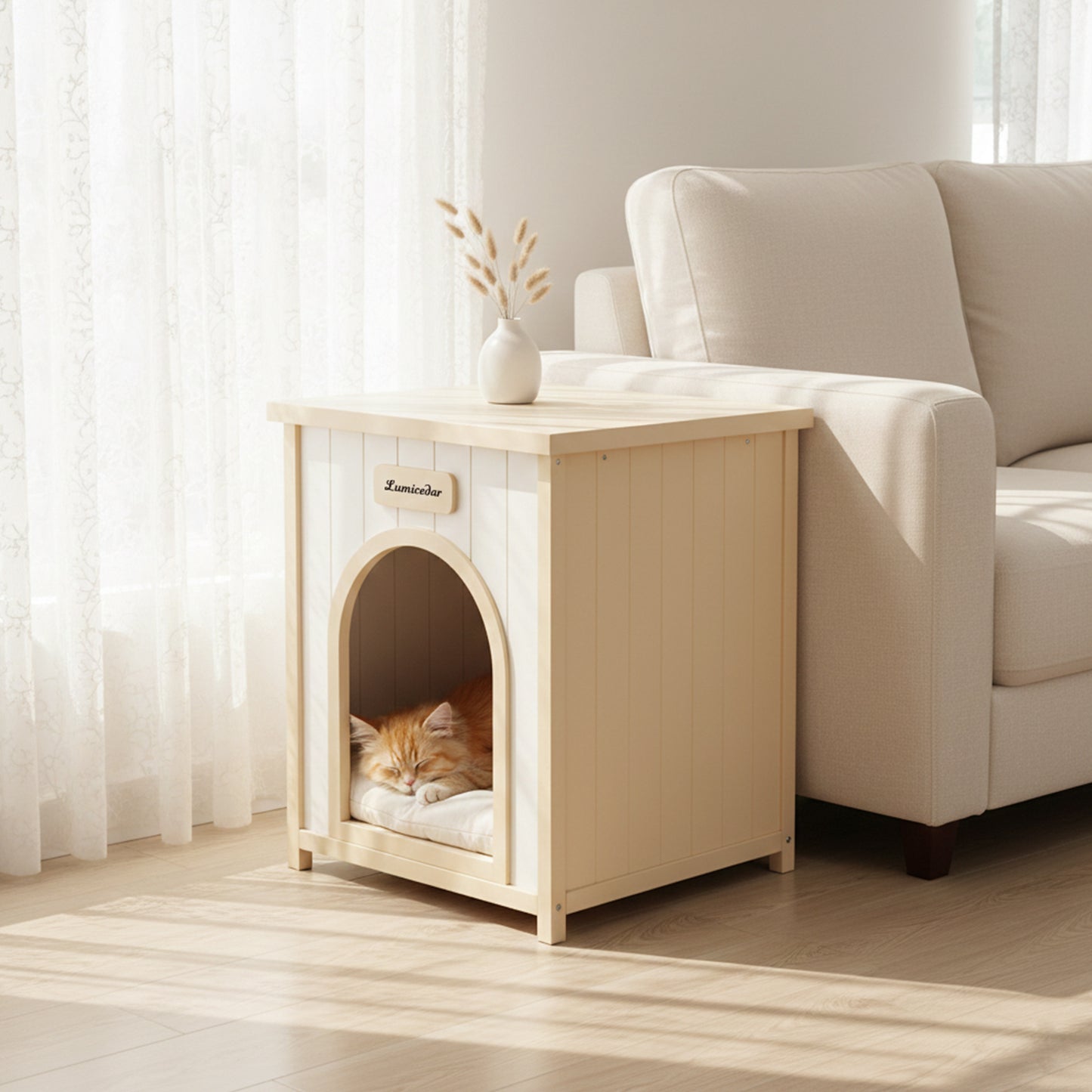 Modern Indoor Wooden Dog House with Removable Cushion – Solid Cedar
