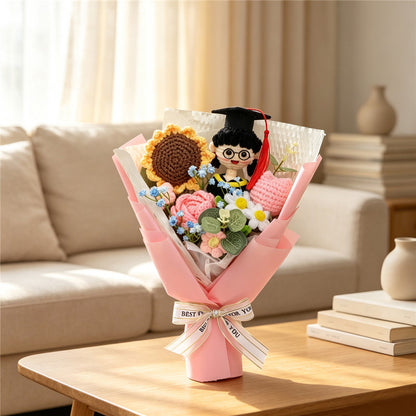 Graduation Hand Crochet Flower Bouquet , Knitted Roses & Sunflowers