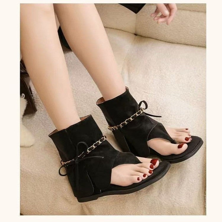 Women Y2K Gold Chain Decor Thong Toe Ankle Sandal Boots, Flat Heel Square Open Toe Folded Layer Upper Retro Street Wear Short Booties