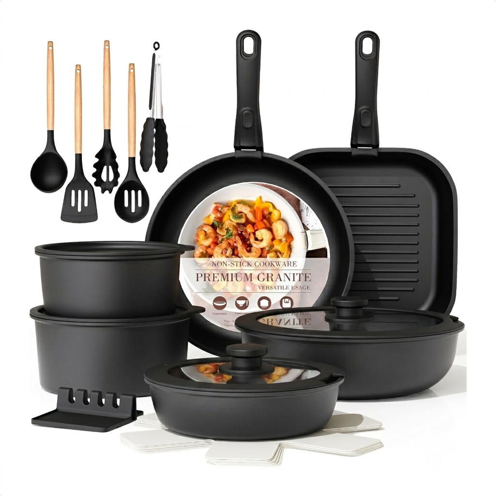 21 &23 Pcs Pots And Pans Set Non Stick, No-stick Cookware Set Detachable Handle, Kitchen Cooking Set Removable Handles, Oven Safe, Induction Ready
