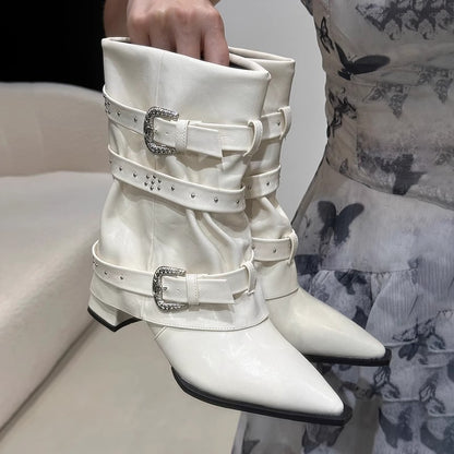 Women's Fashion Versatile Pointed Toe High Heel Slip-on Ankle Boots, 2026 Autumn & Winter New, Rivet & Belt Buckle Decor Fashion Pants Boots
