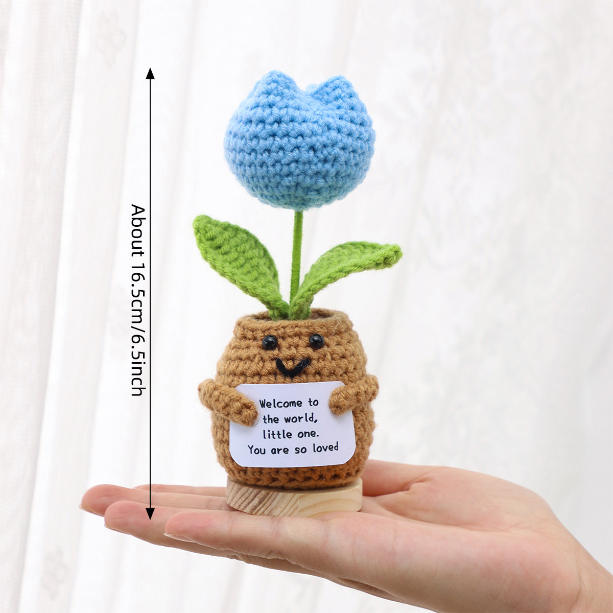 Handmade Crochet Tulip Shaped Potted Flower Ornament, Everlasting Soft Yarn Crochet Bloom With Warm Wish Note, Indoor Home Tabletop Decorative