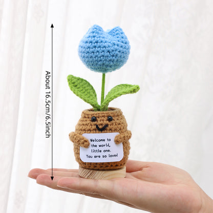 Handmade Crochet Tulip Shaped Potted Flower Ornament, Everlasting Soft Yarn Crochet Bloom With Warm Wish Note, Indoor Home Tabletop Decorative