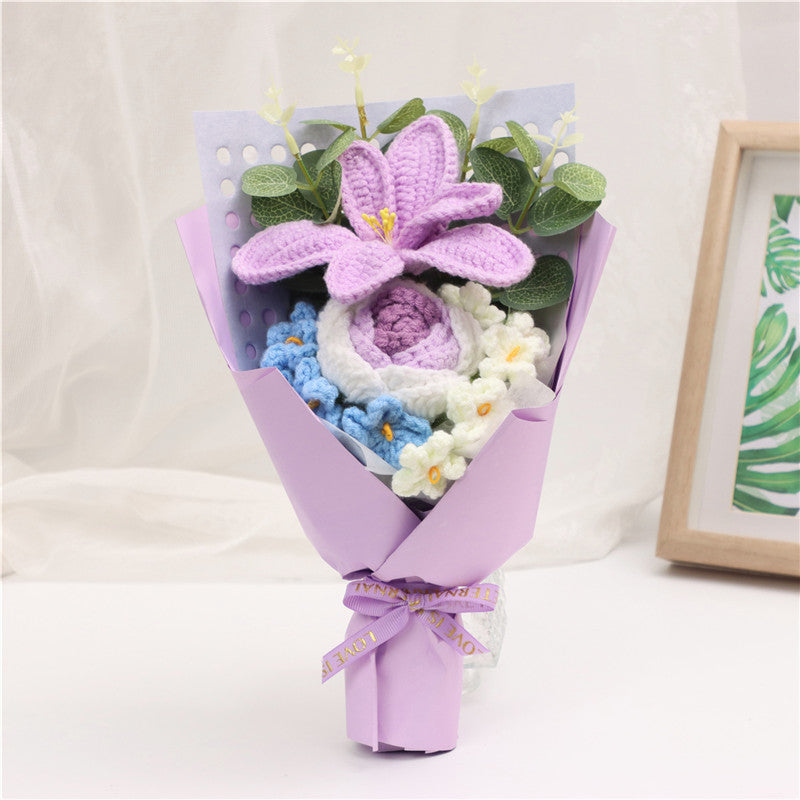 Handmade Crochet Knitted Bouquet, Purple Lily & Gradient Rose