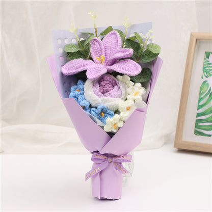 Handmade Crochet Knitted Bouquet, Purple Lily & Gradient Rose