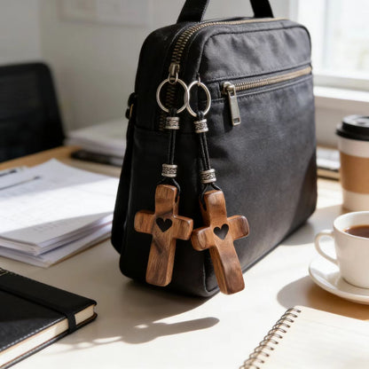 Black Walnut Wood Cross Keychain with Heart Charm - Easter Wooden Pendant for Bag Decor Gift