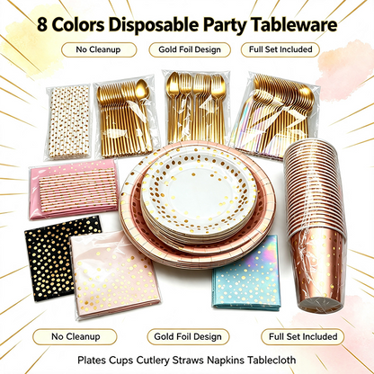 Pet Supplies - Disposable Gold Dot Party Tableware Set, Paper Plates