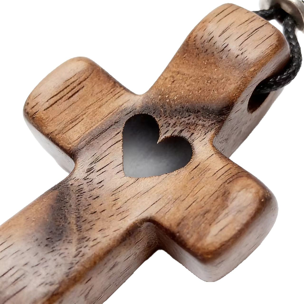 Black Walnut Wood Cross Keychain with Heart Charm - Easter Wooden Pendant for Bag Decor Gift