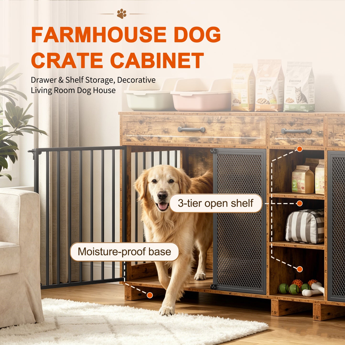 Large Wooden Dog Crate Furniture, Multi-Functional Pet Cage Cabinet