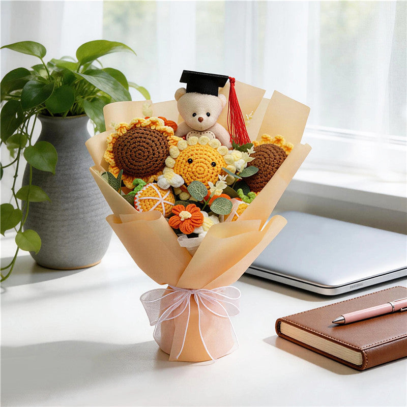 Graduation Handmade Crochet Bouquet, Knitted Sunflowers With Graduate