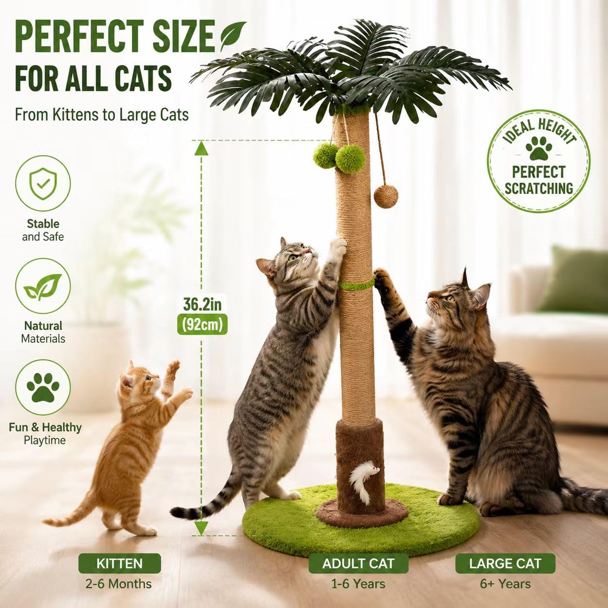 Cat Scratching Post, Sisal Scratcher With Toys For Indoor Cats Protects Furniture While Satisfying Natural Scratching Instincts. Durable Sisal Post