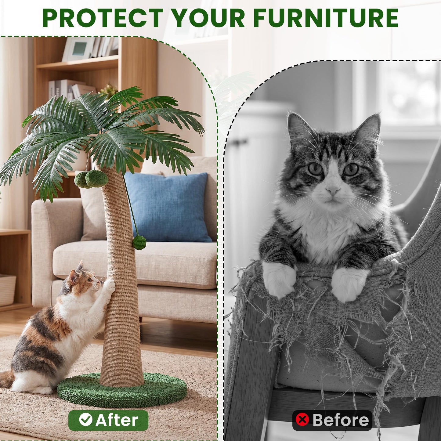 43 Inch Tall Cat Scratching Post For Indoor Large Cats, Natural Sisal Scratch Post With Hanging Toys, Stable Base Cat Scratcher For Kittens & Cats