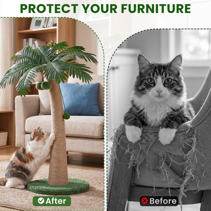 43 Inch Tall Cat Scratching Post For Indoor Large Cats, Natural Sisal Scratch Post With Hanging Toys, Stable Base Cat Scratcher For Kittens & Cats