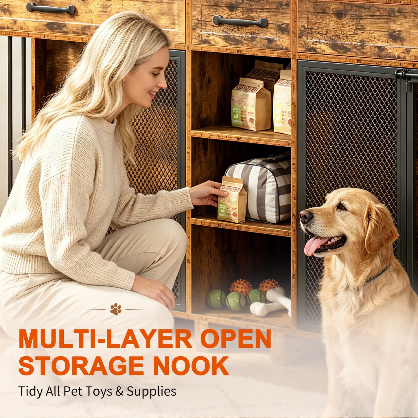 Large Wooden Dog Crate Furniture, Multi-Functional Pet Cage Cabinet