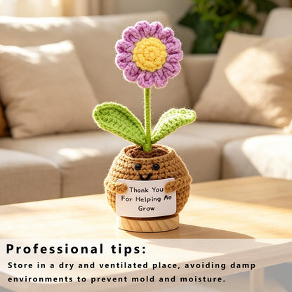 Handmade Crochet Smiling Face Potted Purple Flower Ornament, Everlasting Soft Yarn Crochet Small Flower, Cozy Home Tabletop Decorative Decor