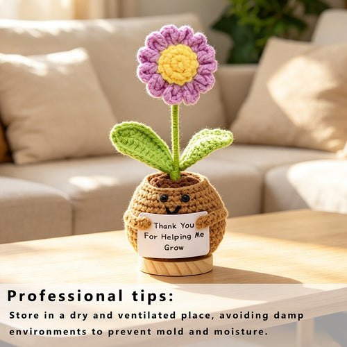 Handmade Crochet Smiling Face Potted Purple Flower Ornament, Everlasting Soft Yarn Crochet Small Flower, Cozy Home Tabletop Decorative Decor