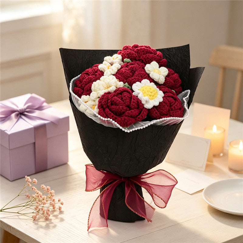 Handmade Crochet Bouquet, Burgundy Roses & White Daisies Everlasting