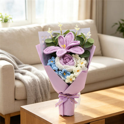Handmade Crochet Knitted Bouquet, Purple Lily & Gradient Rose