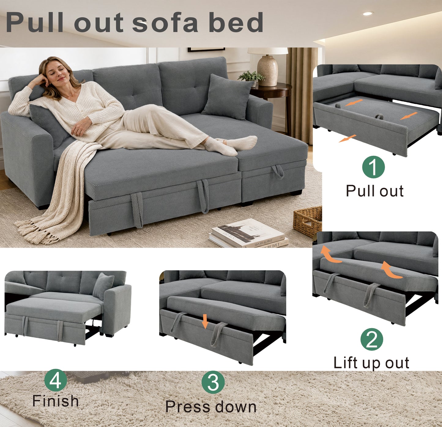 Sleeper Sofa, Sectional with Pull-Out Bed, Reversible Chaise, Storage