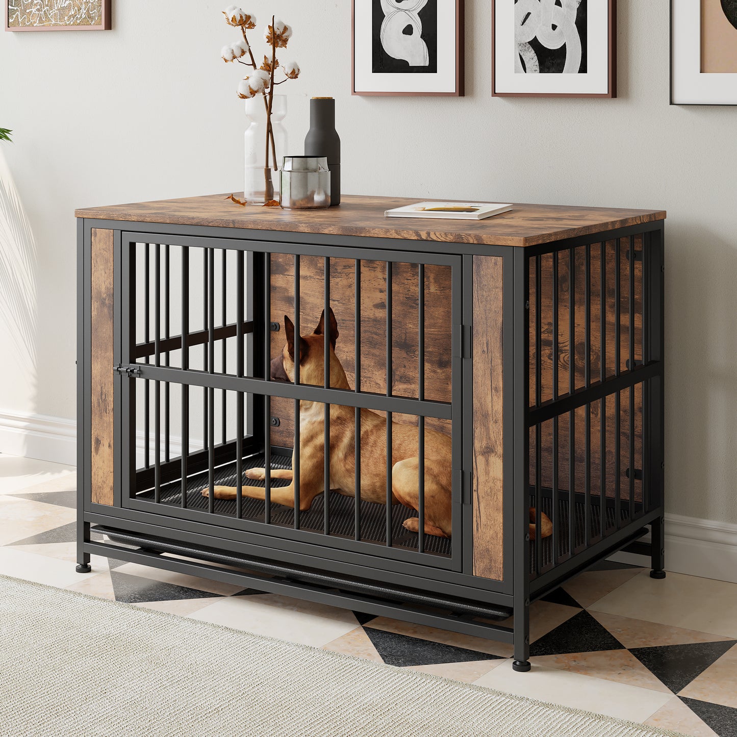 Dog Crate Furniture, Wooden Dog Crate Table, 38.9" Dog Kennel with 2