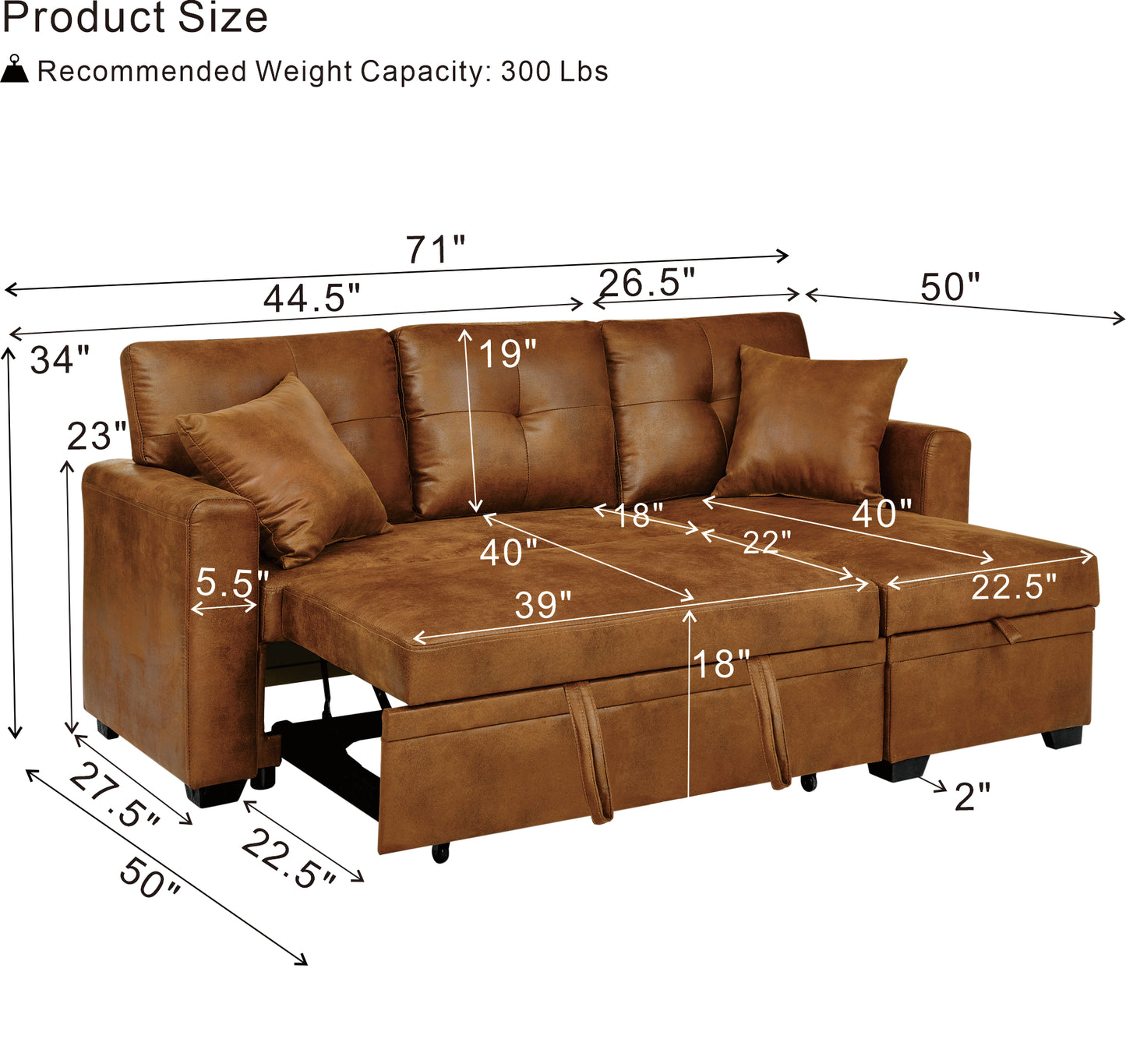 Sleeper Sofa, Sectional with Pull-Out Bed, Reversible Chaise, Storage