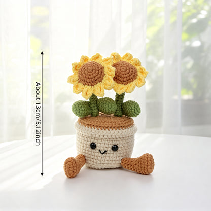 Handmade Crochet Double Sunflower Pot Ornament Soft Yarn Everlasting Crochet Blooms With FootShaped Parts Indoor Home Tabletop Decorative Ornament