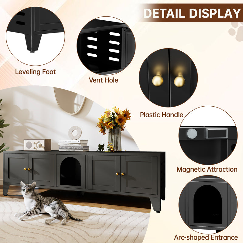 58in Metal Cat Litter Box Enclosure, Hidden Litter Furniture For 2