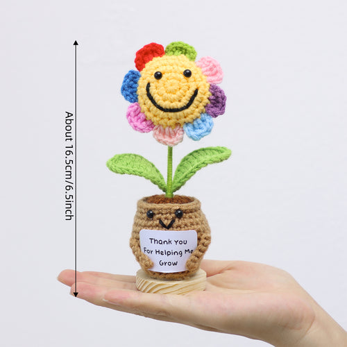 Handmade Crochet Potted Flower, Cute Flower Pot Matched With Rainbow Smiling Sunflower, Soft Yarn Everlasting Crochet Floral Pot, Indoor Home Desktop