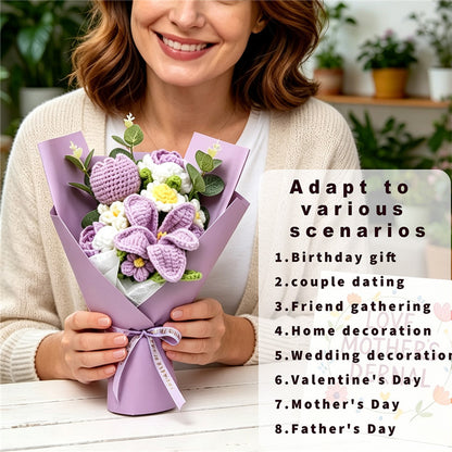 Handmade Crochet Purple Yarn Flower Bouquet, Everlasting Crochet Lily