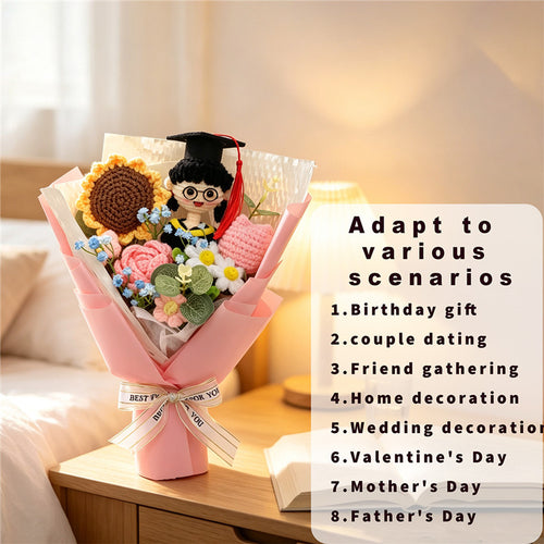 Graduation Hand Crochet Flower Bouquet , Knitted Roses & Sunflowers