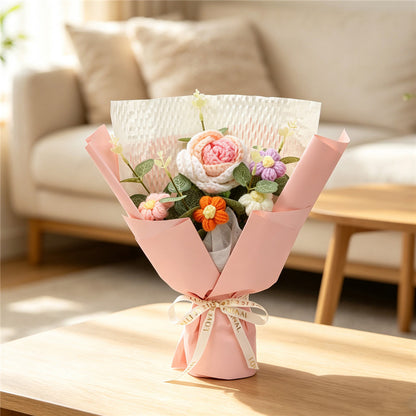 Handmade Crochet Yarn Flower Bouquet, Everlasting Knitted Roses &
