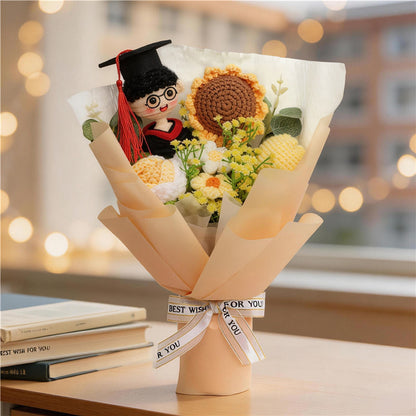 Handmade Crocheted Flower Bouquet, Graduate Figurine Paired With