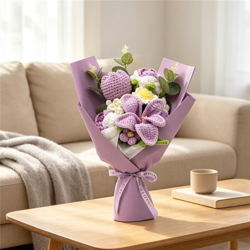 Handmade Crochet Purple Yarn Flower Bouquet, Everlasting Crochet Lily