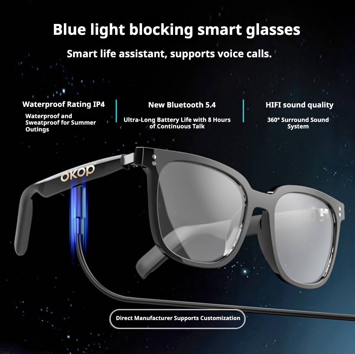 KP-Y102 Smart Glasses Day Night Use Air Conduction Waterproof Sweatproof 3-in-1 Functionality Voice Assistant Touch Control In Stock