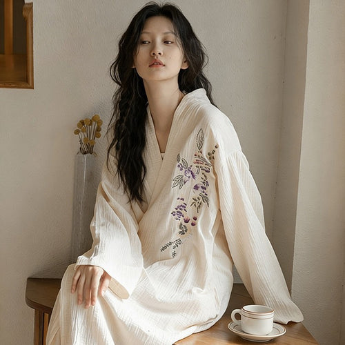 Long Sleeve Sleepwear Loose Cotton Robe Sweet Home Wear Outdoor Use