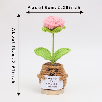 Handmade Crochet Romantic Shaped Potted Flower Ornaments, Everlasting Soft Yarn Crochet Blooms With Inspirational Note, Indoor Home Tabletop