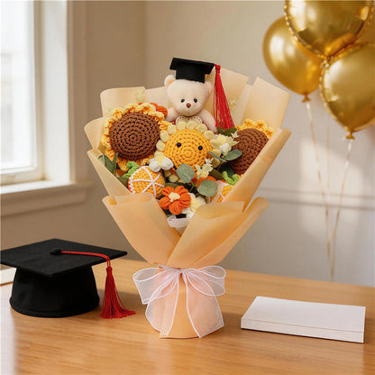 Graduation Handmade Crochet Bouquet, Knitted Sunflowers With Graduate