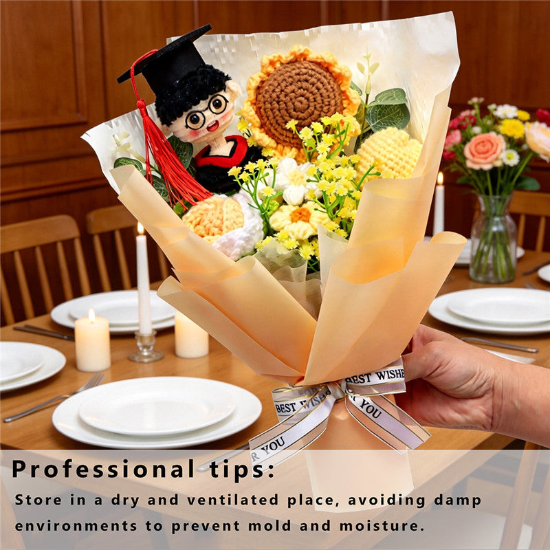 Handmade Crocheted Flower Bouquet, Graduate Figurine Paired With